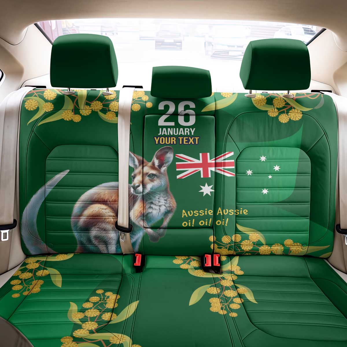 Green Kangaroo and Golden Wattle Personalised Back Car Seat Cover Happy Australia Day 6 January