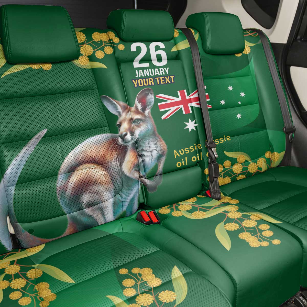 Green Kangaroo and Golden Wattle Personalised Back Car Seat Cover Happy Australia Day 6 January