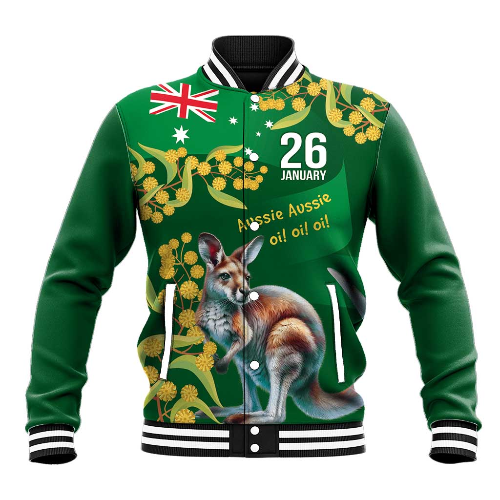 Green Kangaroo and Golden Wattle Personalised Baseball Jacket Happy Australia Day 6 January - Vibe Hoodie Shop