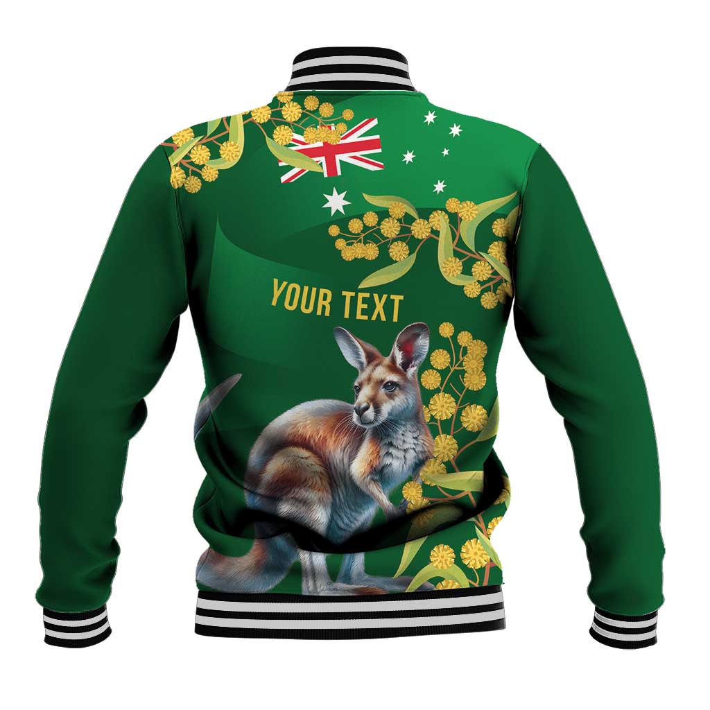 Green Kangaroo and Golden Wattle Personalised Baseball Jacket Happy Australia Day 6 January - Vibe Hoodie Shop