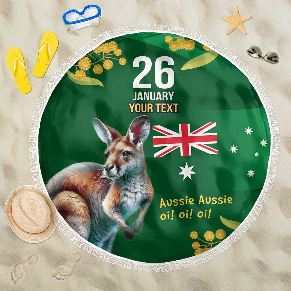 Green Kangaroo and Golden Wattle Personalised Beach Blanket Happy Australia Day 6 January