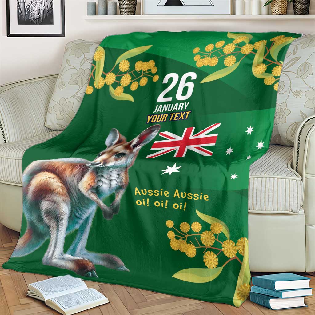 Green Kangaroo and Golden Wattle Personalised Blanket Happy Australia Day 6 January - Vibe Hoodie Shop