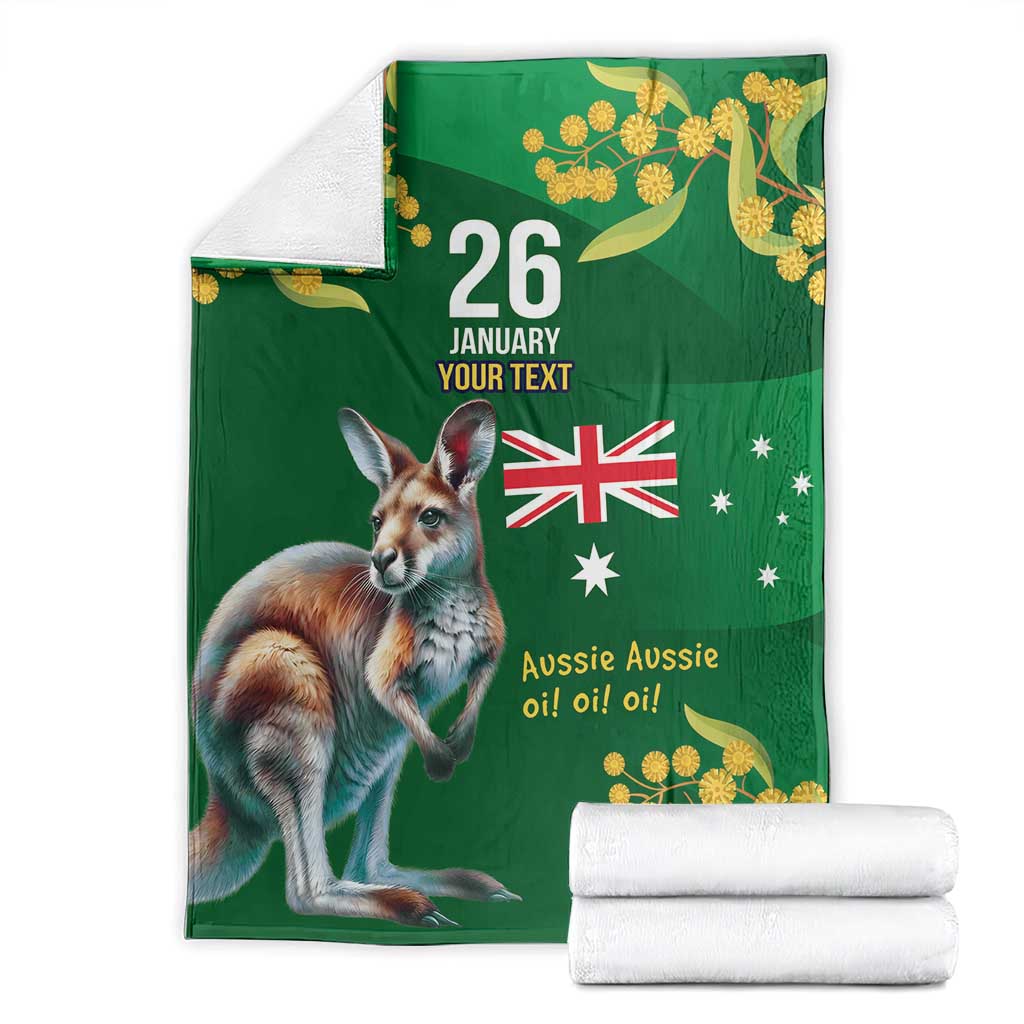 Green Kangaroo and Golden Wattle Personalised Blanket Happy Australia Day 6 January - Vibe Hoodie Shop