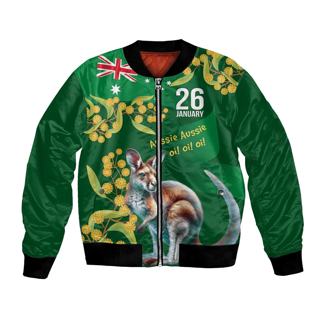 Green Kangaroo and Golden Wattle Personalised Bomber Jacket Happy Australia Day 6 January - Vibe Hoodie Shop