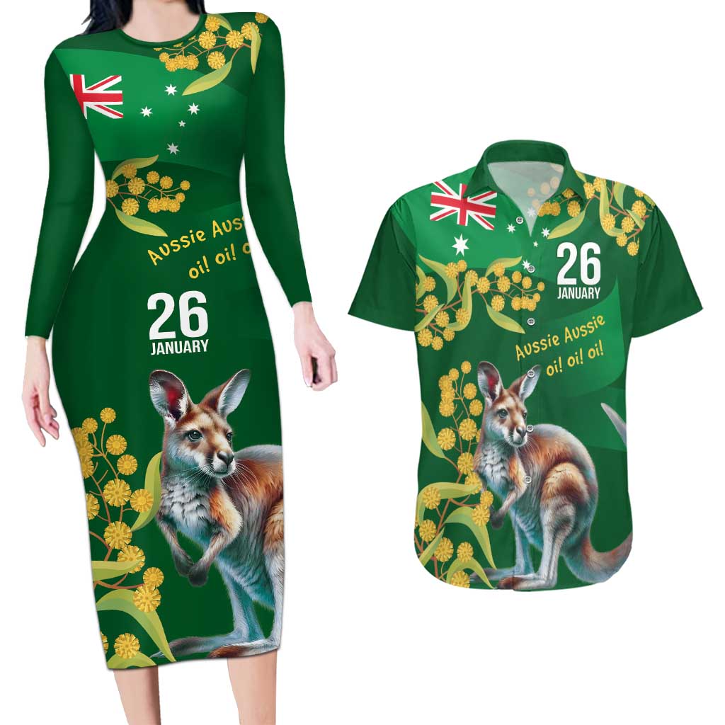 Green Kangaroo and Golden Wattle Personalised Couples Matching Long Sleeve Bodycon Dress and Hawaiian Shirt Happy Australia Day 6 January