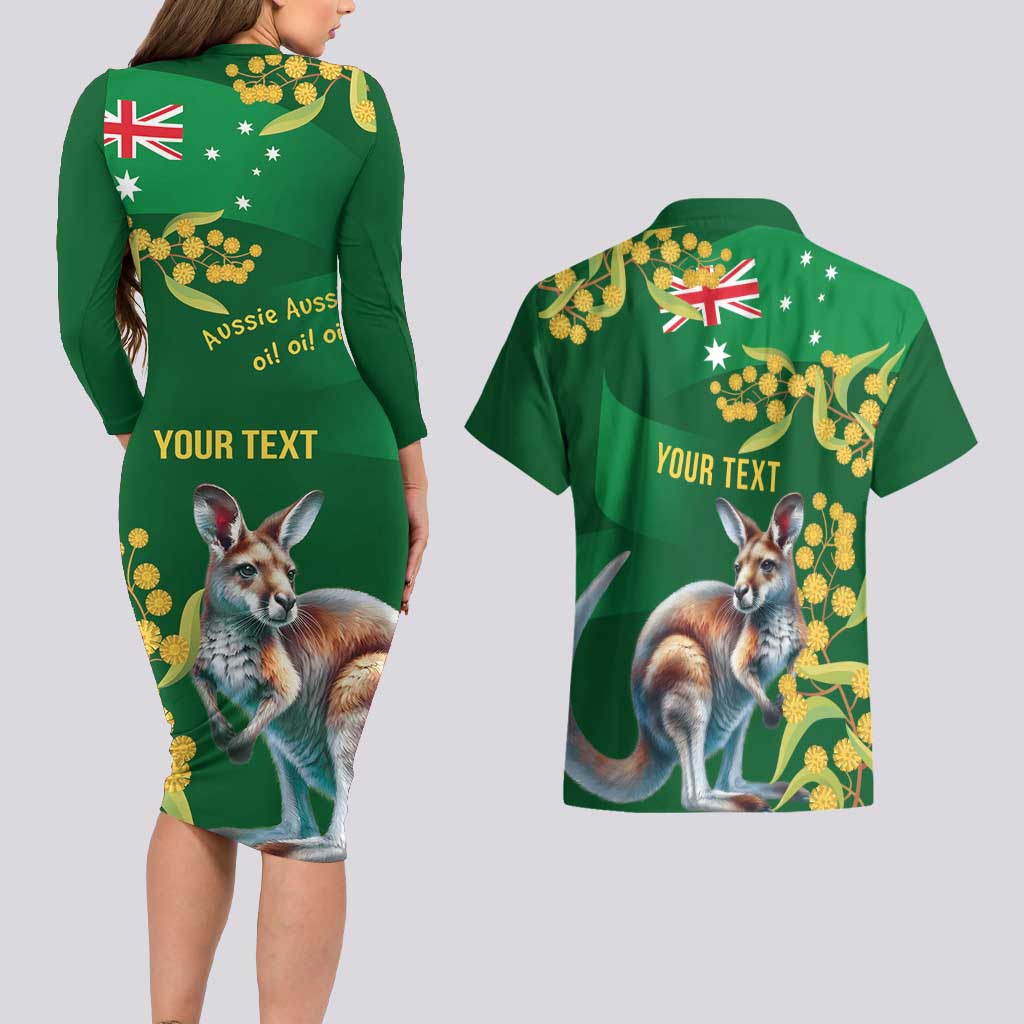 Green Kangaroo and Golden Wattle Personalised Couples Matching Long Sleeve Bodycon Dress and Hawaiian Shirt Happy Australia Day 6 January