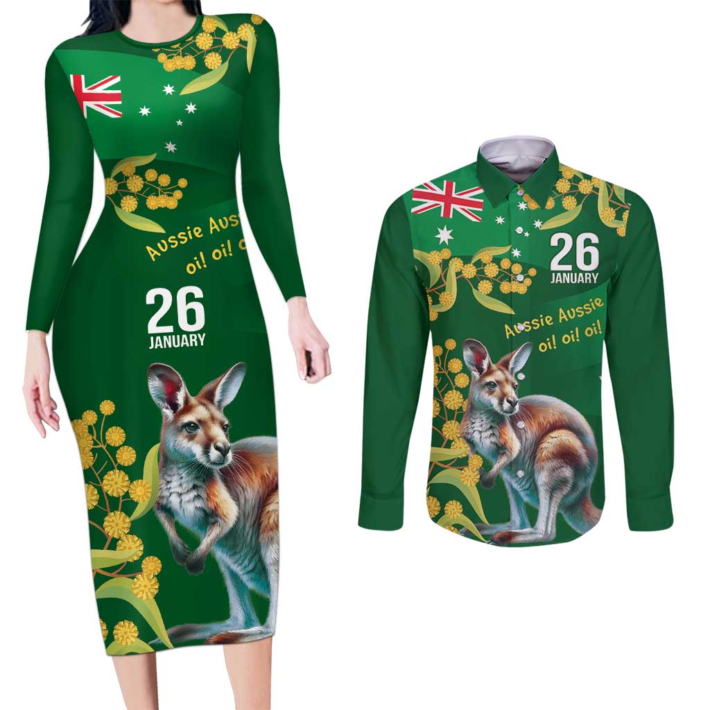 Green Kangaroo and Golden Wattle Personalised Couples Matching Long Sleeve Bodycon Dress and Long Sleeve Button Shirt Happy Australia Day 6 January