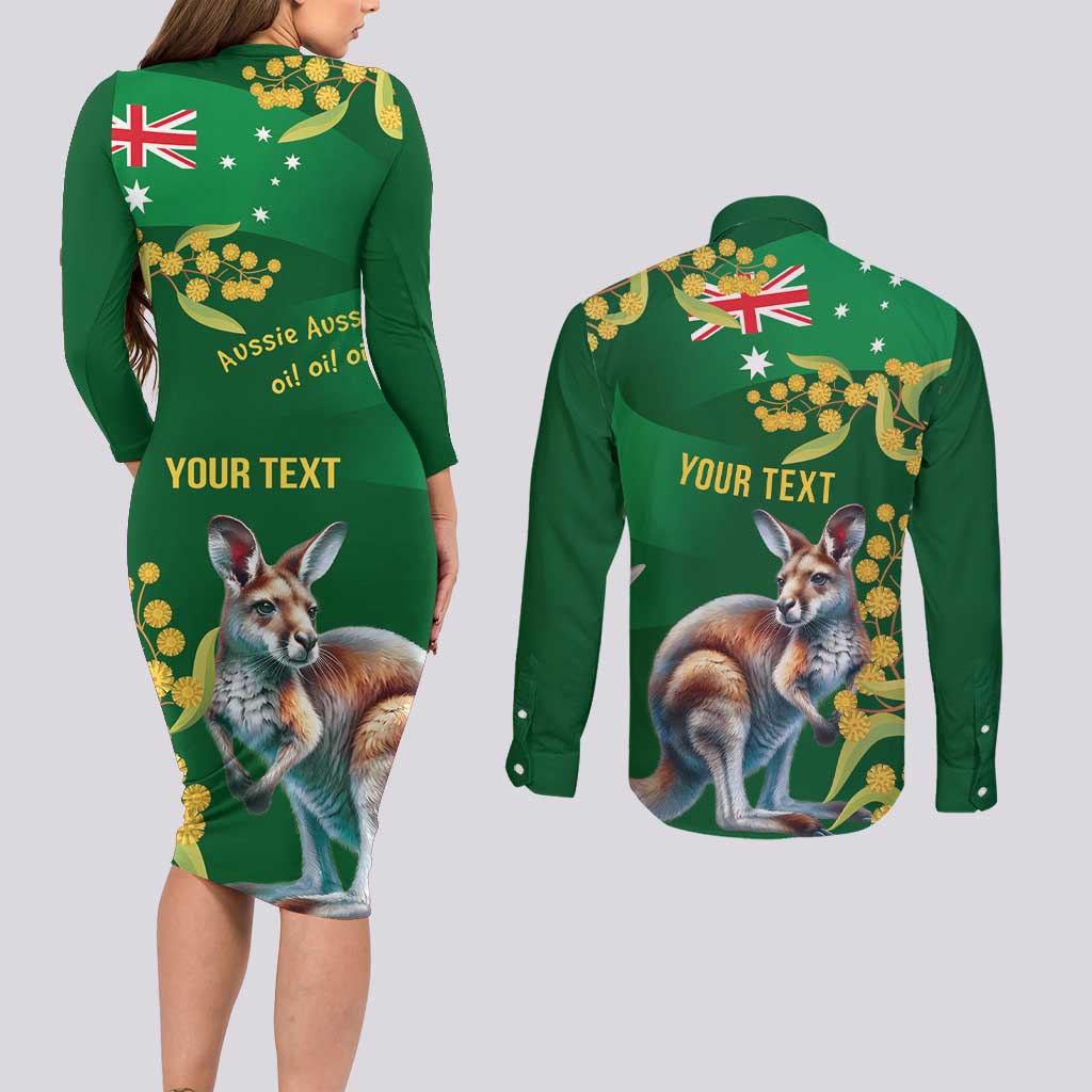 Green Kangaroo and Golden Wattle Personalised Couples Matching Long Sleeve Bodycon Dress and Long Sleeve Button Shirt Happy Australia Day 6 January