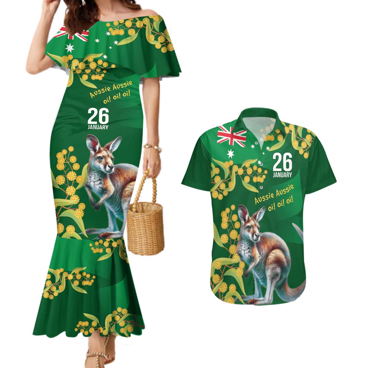 Green Kangaroo and Golden Wattle Personalised Couples Matching Mermaid Dress and Hawaiian Shirt Happy Australia Day 6 January