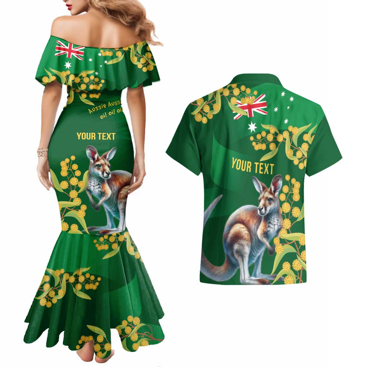 Green Kangaroo and Golden Wattle Personalised Couples Matching Mermaid Dress and Hawaiian Shirt Happy Australia Day 6 January