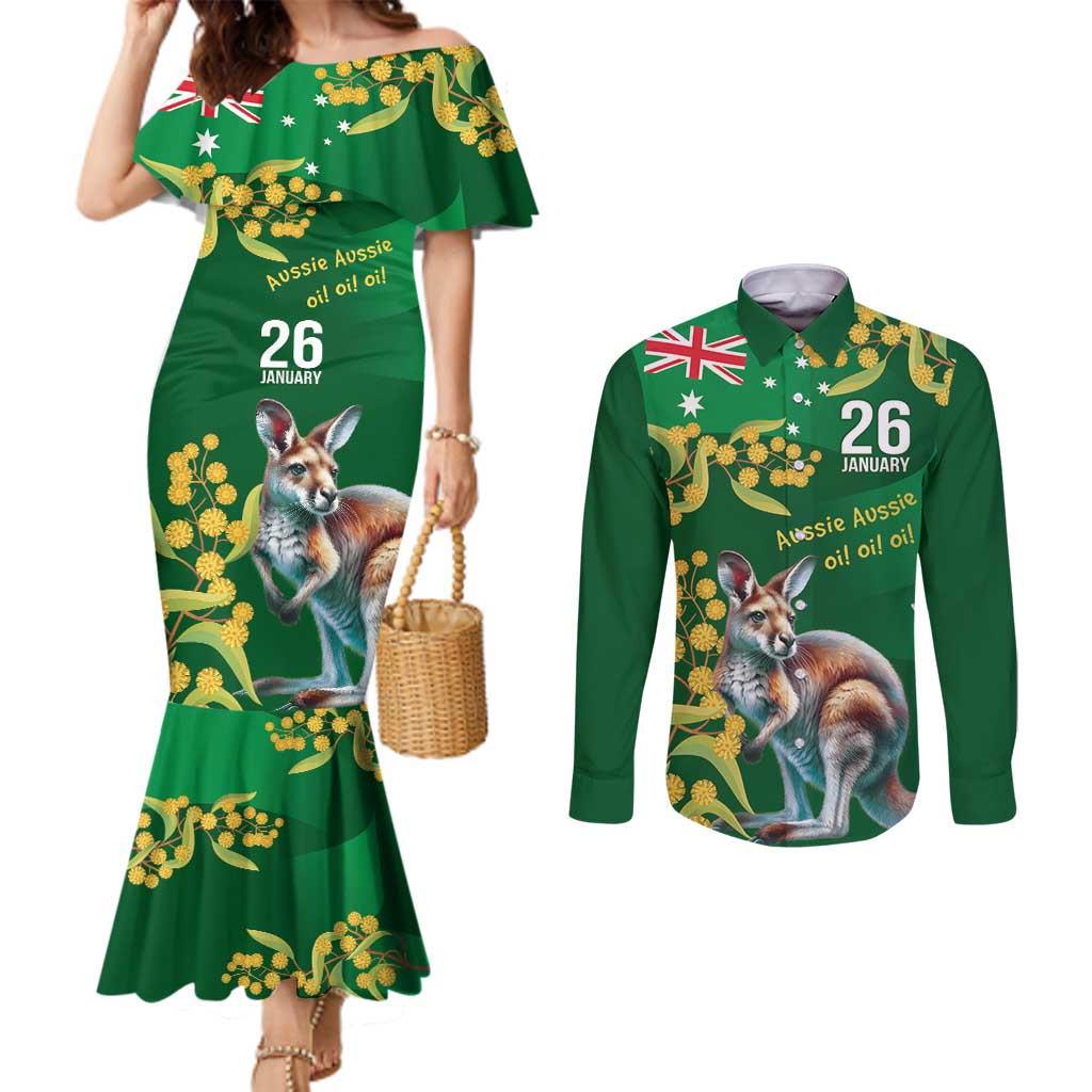 Green Kangaroo and Golden Wattle Personalised Couples Matching Mermaid Dress and Long Sleeve Button Shirt Happy Australia Day 6 January