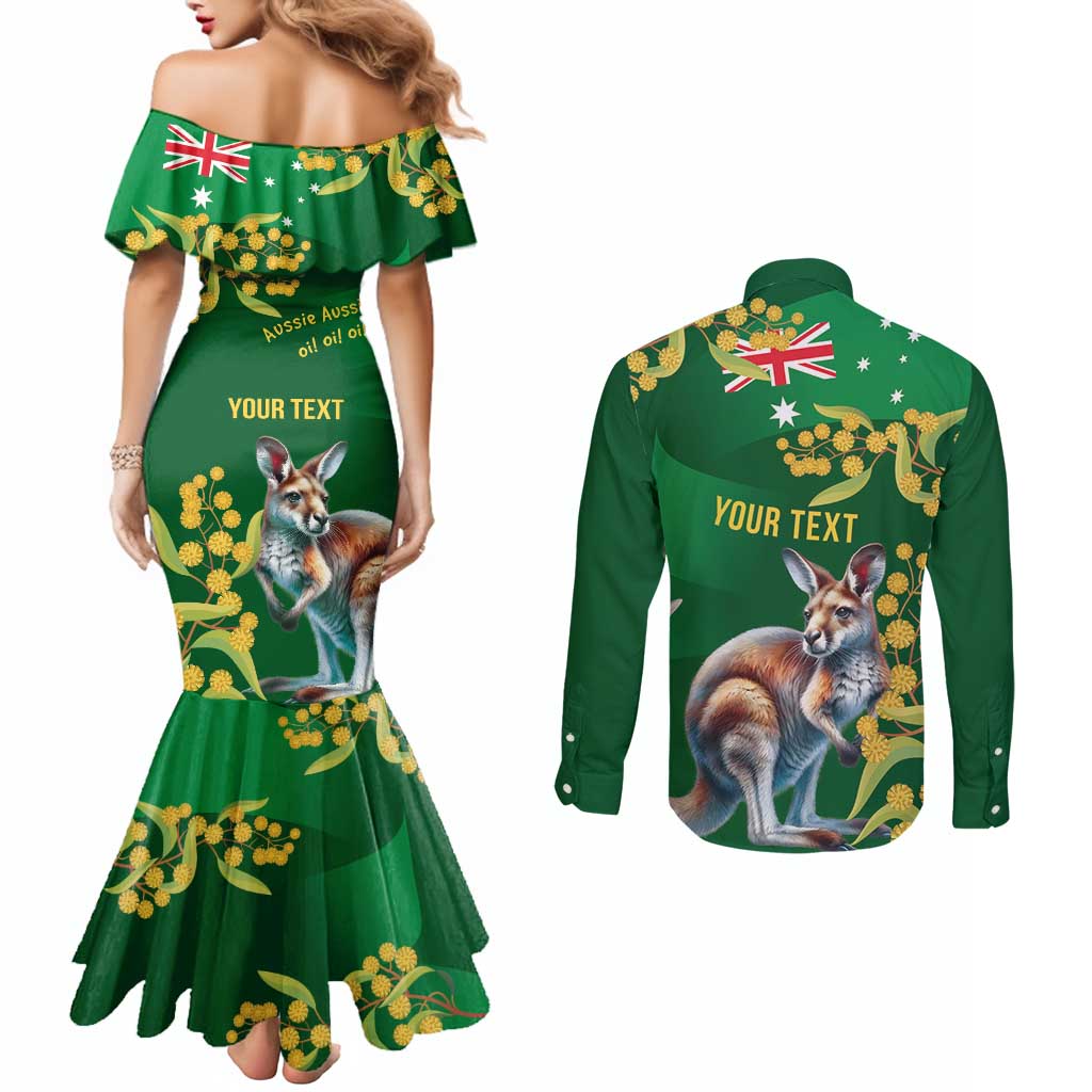 Green Kangaroo and Golden Wattle Personalised Couples Matching Mermaid Dress and Long Sleeve Button Shirt Happy Australia Day 6 January