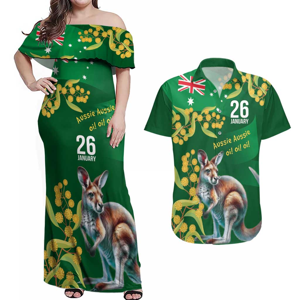 Green Kangaroo and Golden Wattle Personalised Couples Matching Off Shoulder Maxi Dress and Hawaiian Shirt Happy Australia Day 6 January