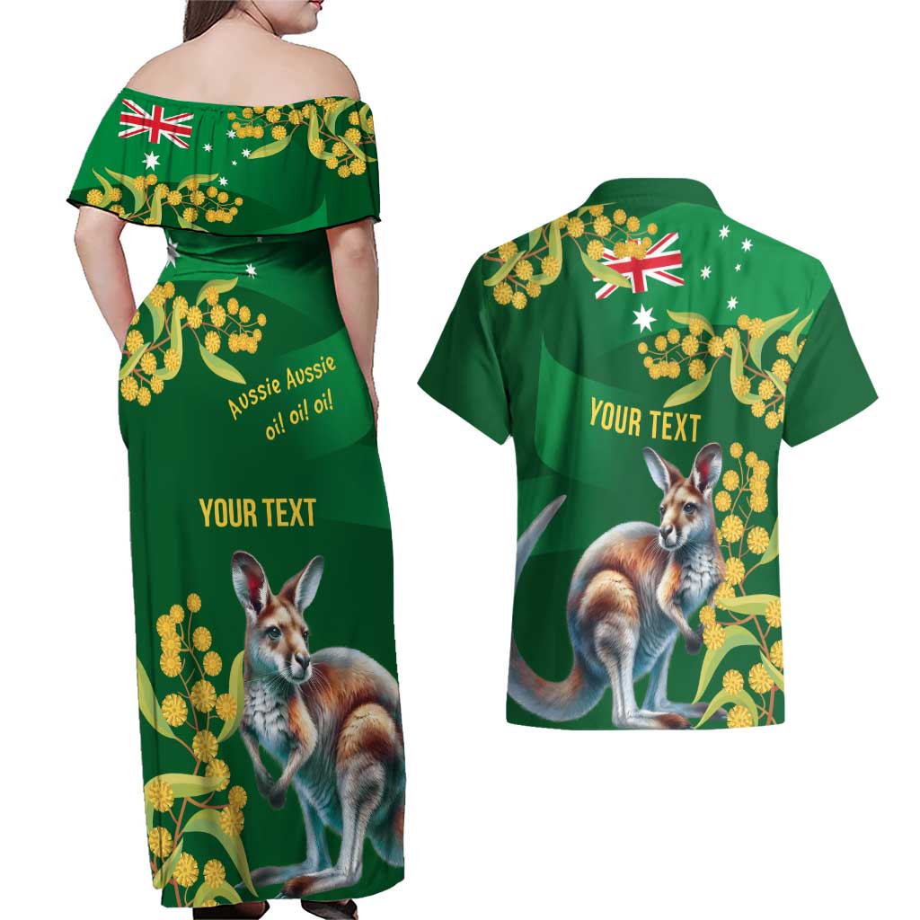 Green Kangaroo and Golden Wattle Personalised Couples Matching Off Shoulder Maxi Dress and Hawaiian Shirt Happy Australia Day 6 January