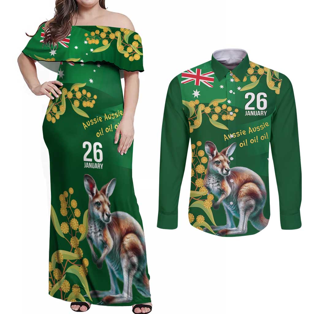 Green Kangaroo and Golden Wattle Personalised Couples Matching Off Shoulder Maxi Dress and Long Sleeve Button Shirt Happy Australia Day 6 January