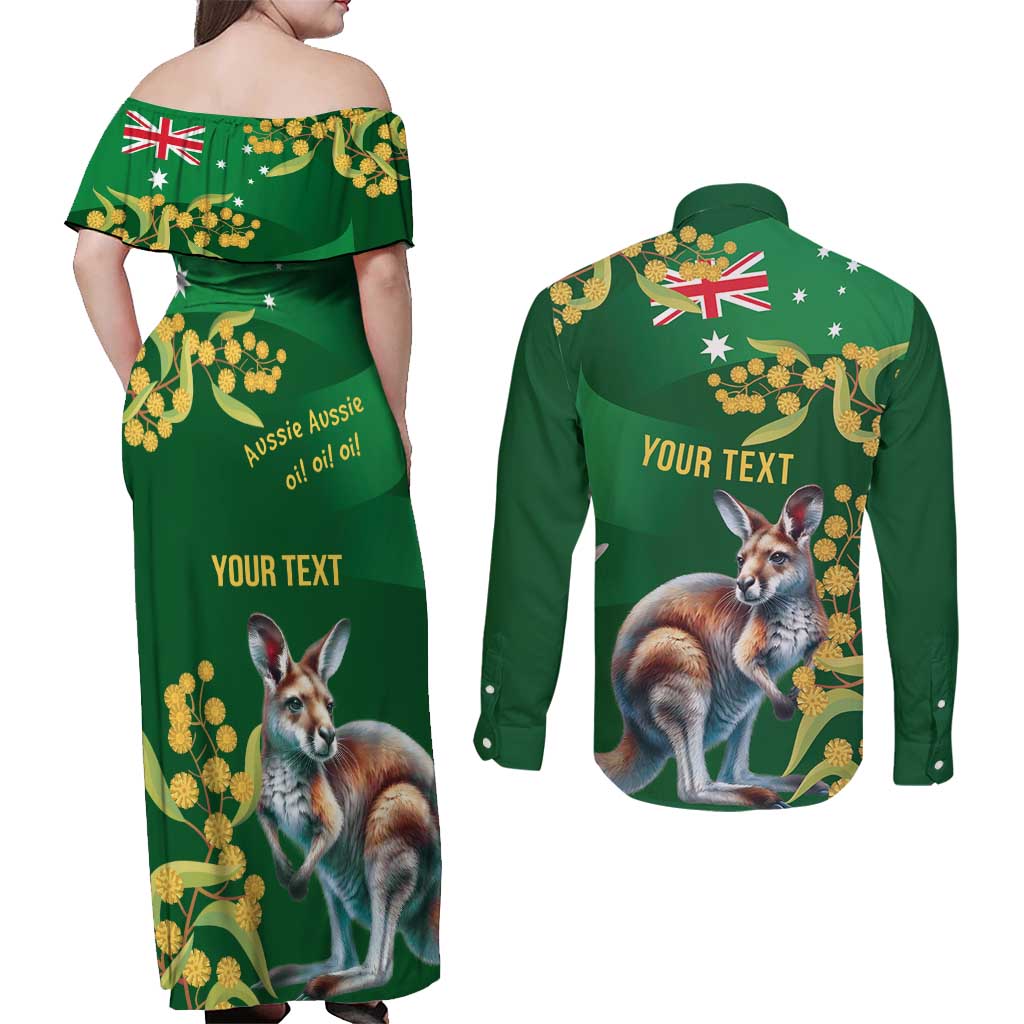 Green Kangaroo and Golden Wattle Personalised Couples Matching Off Shoulder Maxi Dress and Long Sleeve Button Shirt Happy Australia Day 6 January