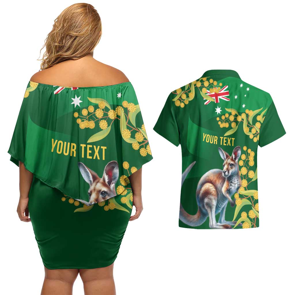 Green Kangaroo and Golden Wattle Personalised Couples Matching Off Shoulder Short Dress and Hawaiian Shirt Happy Australia Day 6 January