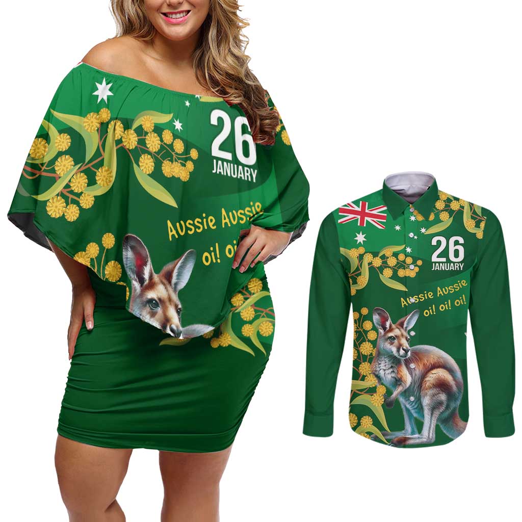 Green Kangaroo and Golden Wattle Personalised Couples Matching Off Shoulder Short Dress and Long Sleeve Button Shirt Happy Australia Day 6 January