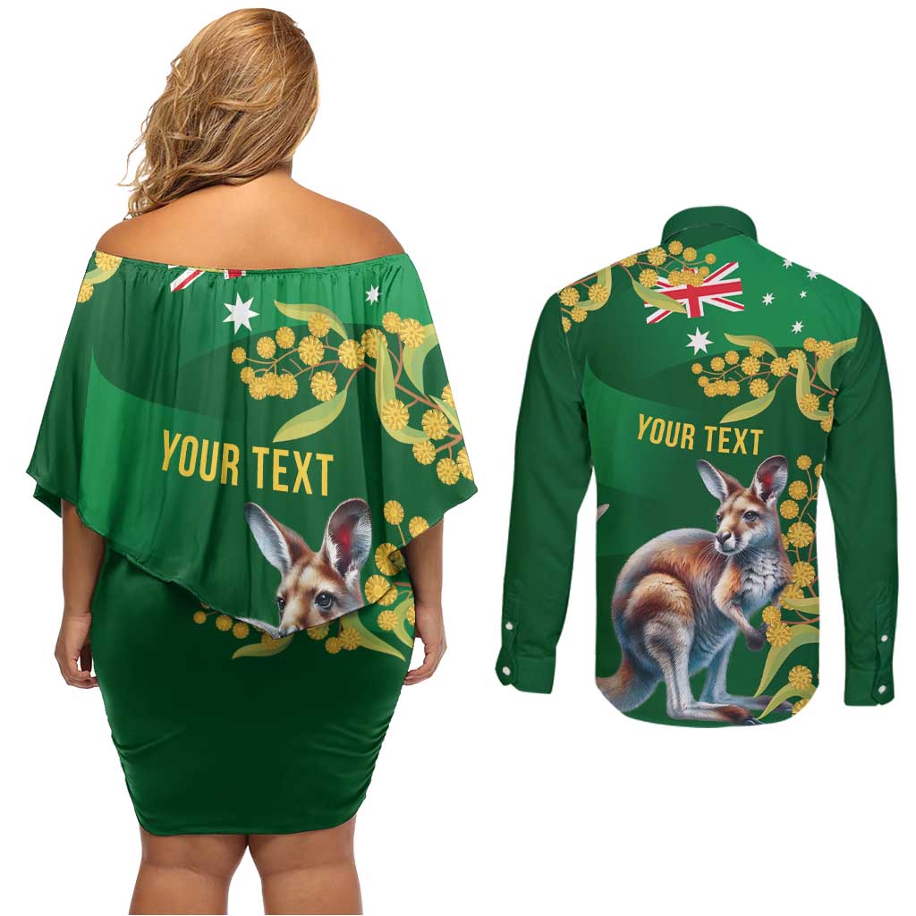 Green Kangaroo and Golden Wattle Personalised Couples Matching Off Shoulder Short Dress and Long Sleeve Button Shirt Happy Australia Day 6 January