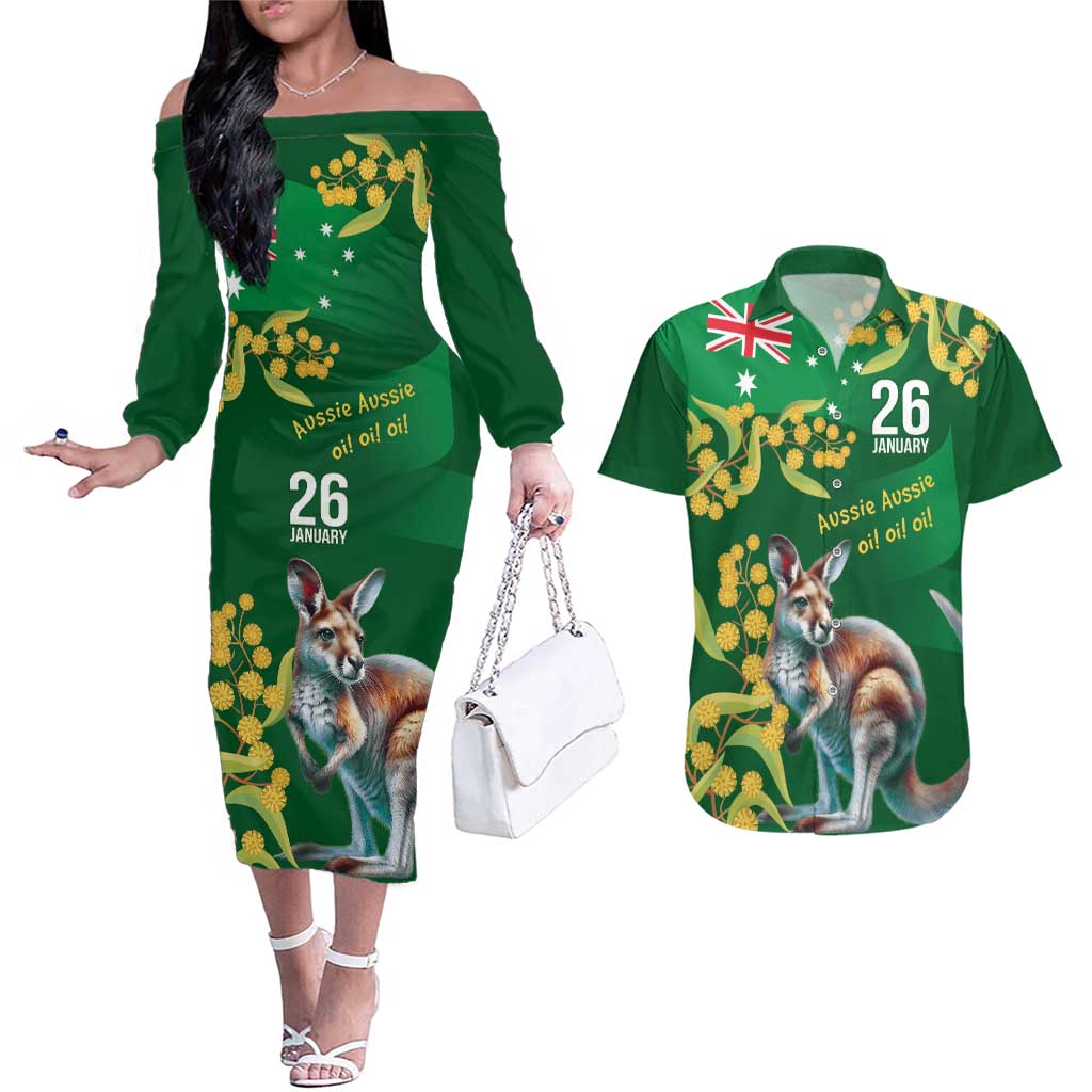 Green Kangaroo and Golden Wattle Personalised Couples Matching Off The Shoulder Long Sleeve Dress and Hawaiian Shirt Happy Australia Day 6 January