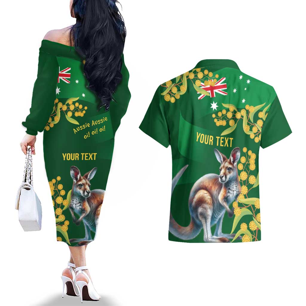 Green Kangaroo and Golden Wattle Personalised Couples Matching Off The Shoulder Long Sleeve Dress and Hawaiian Shirt Happy Australia Day 6 January