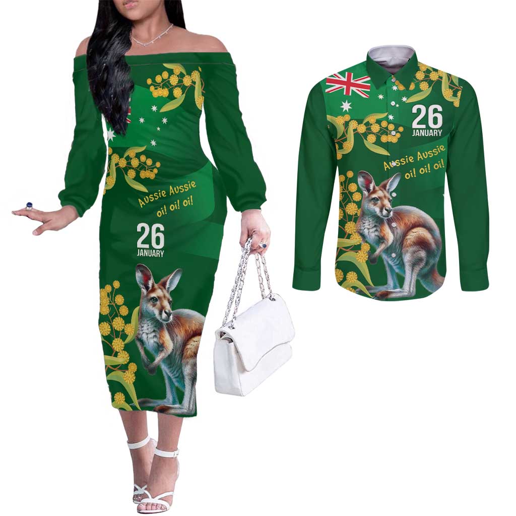 Green Kangaroo and Golden Wattle Personalised Couples Matching Off The Shoulder Long Sleeve Dress and Long Sleeve Button Shirt Happy Australia Day 6 January