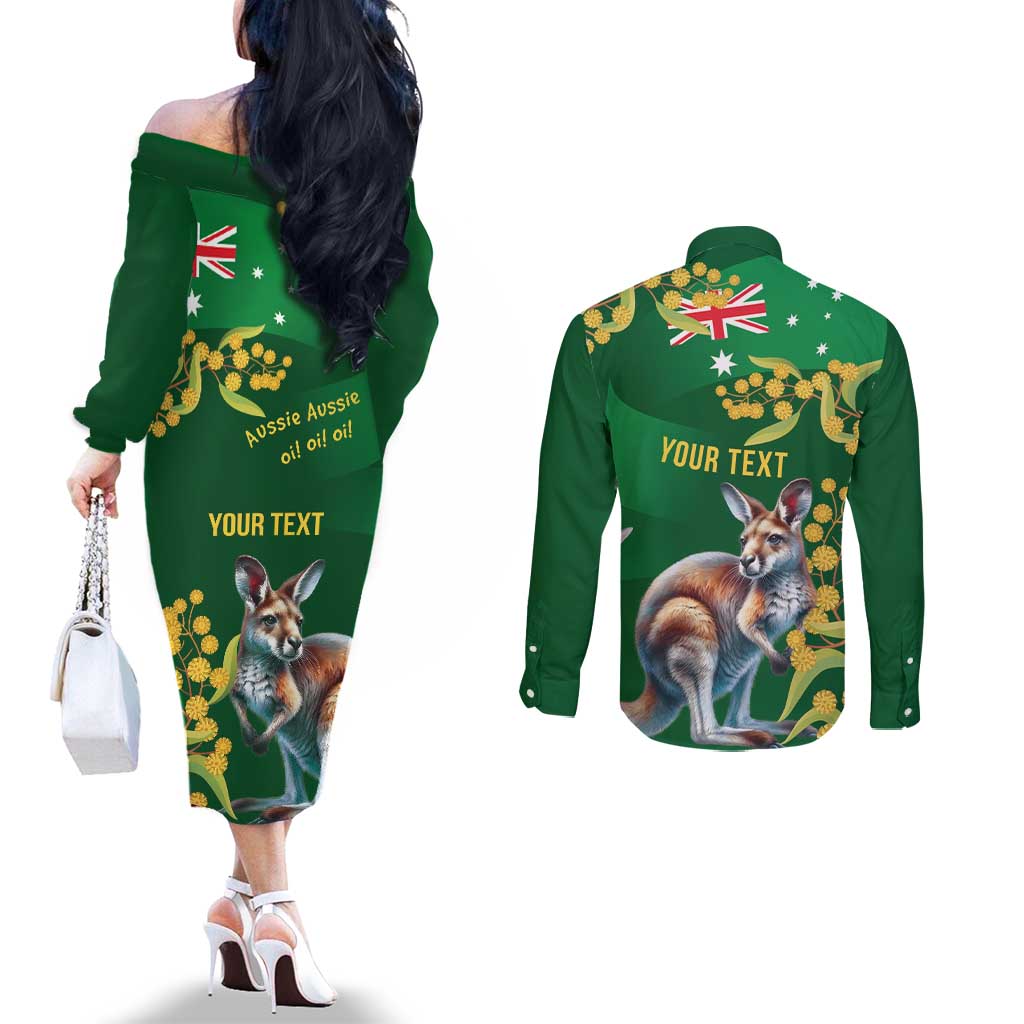 Green Kangaroo and Golden Wattle Personalised Couples Matching Off The Shoulder Long Sleeve Dress and Long Sleeve Button Shirt Happy Australia Day 6 January