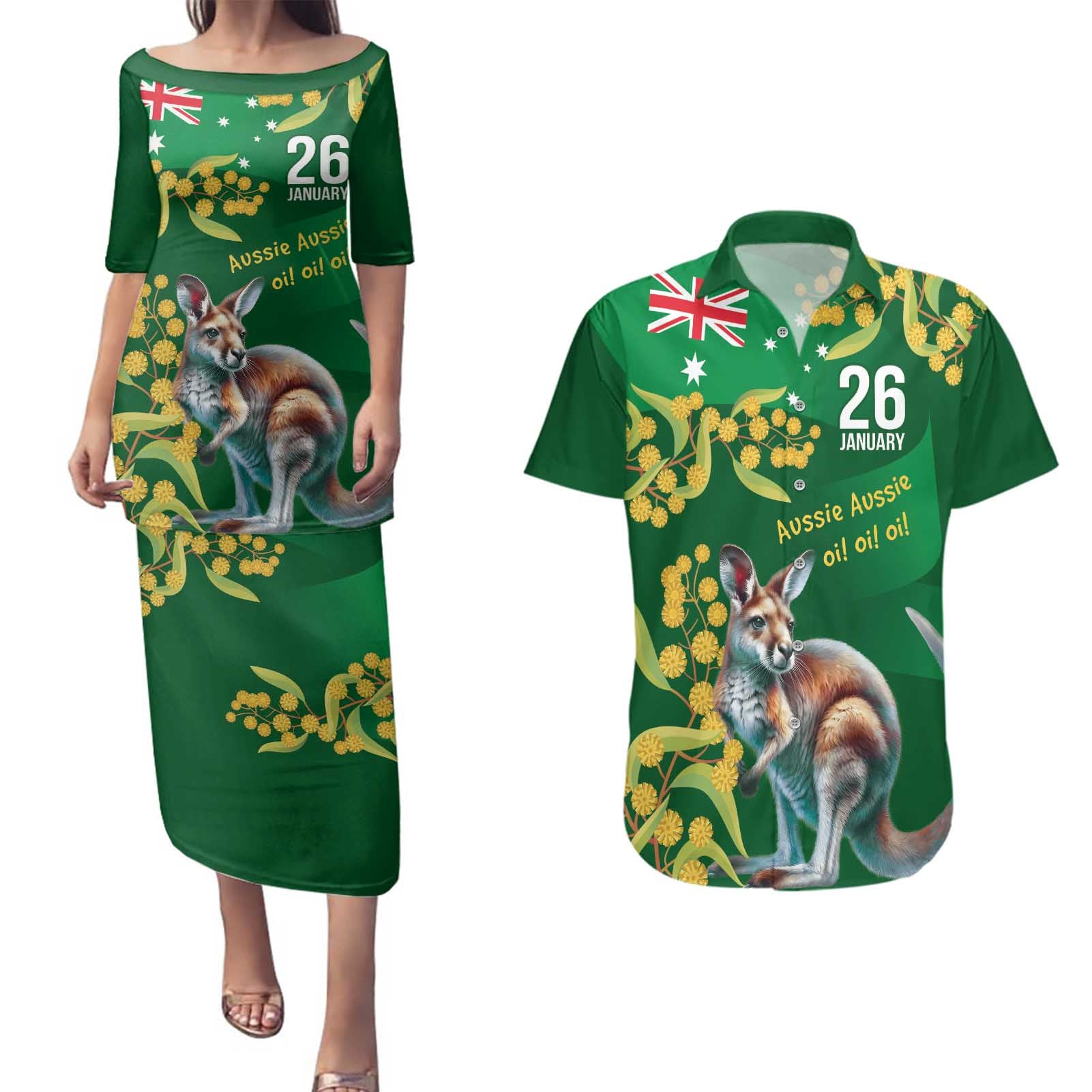 Green Kangaroo and Golden Wattle Personalised Couples Matching Puletasi and Hawaiian Shirt Happy Australia Day 6 January