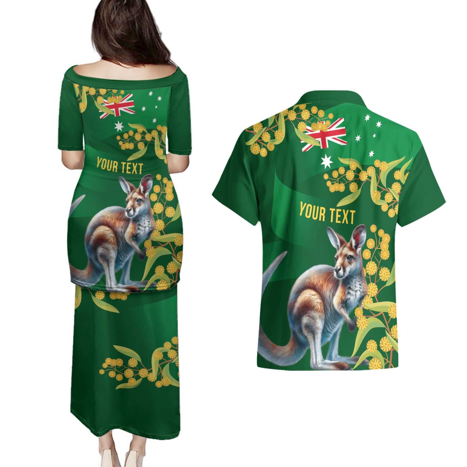 Green Kangaroo and Golden Wattle Personalised Couples Matching Puletasi and Hawaiian Shirt Happy Australia Day 6 January