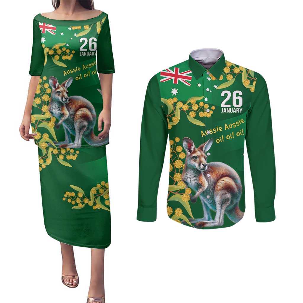 Green Kangaroo and Golden Wattle Personalised Couples Matching Puletasi and Long Sleeve Button Shirt Happy Australia Day 6 January