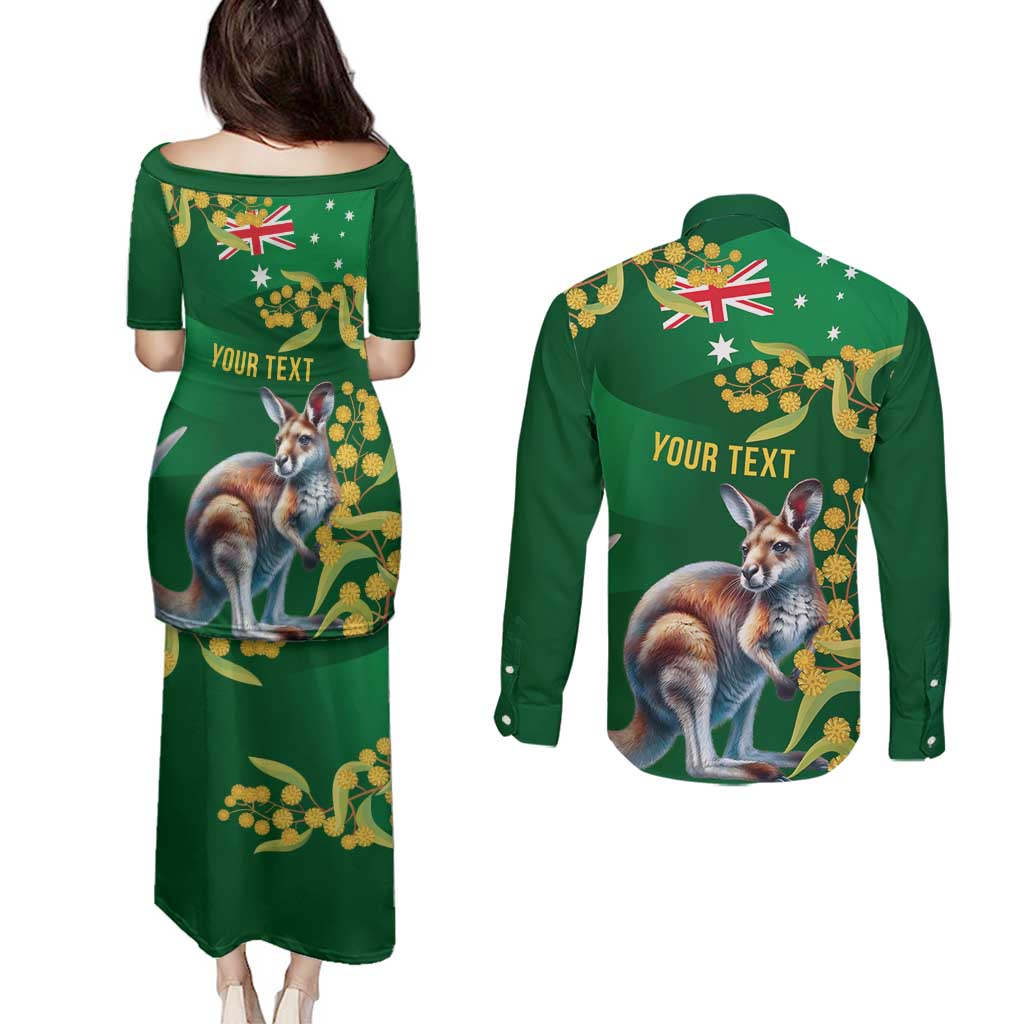 Green Kangaroo and Golden Wattle Personalised Couples Matching Puletasi and Long Sleeve Button Shirt Happy Australia Day 6 January