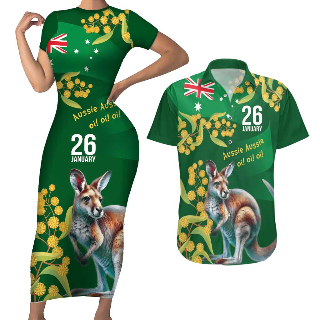 Green Kangaroo and Golden Wattle Personalised Couples Matching Short Sleeve Bodycon Dress and Hawaiian Shirt Happy Australia Day 6 January