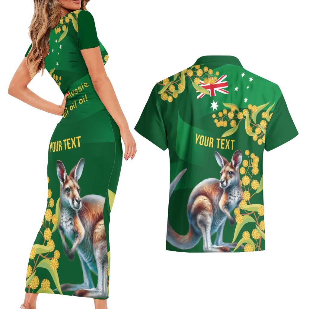 Green Kangaroo and Golden Wattle Personalised Couples Matching Short Sleeve Bodycon Dress and Hawaiian Shirt Happy Australia Day 6 January