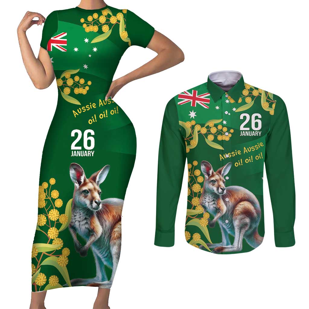 Green Kangaroo and Golden Wattle Personalised Couples Matching Short Sleeve Bodycon Dress and Long Sleeve Button Shirt Happy Australia Day 6 January