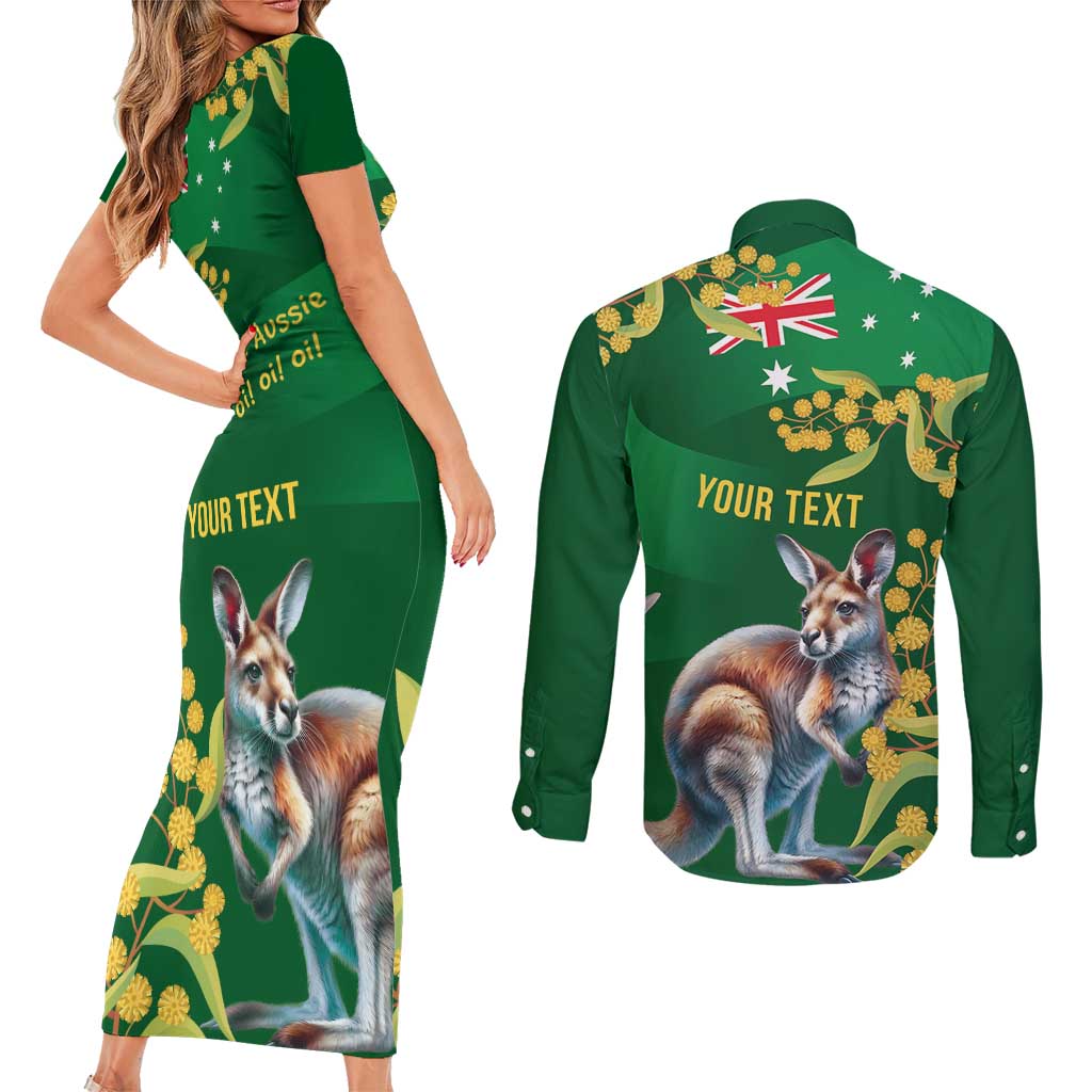 Green Kangaroo and Golden Wattle Personalised Couples Matching Short Sleeve Bodycon Dress and Long Sleeve Button Shirt Happy Australia Day 6 January