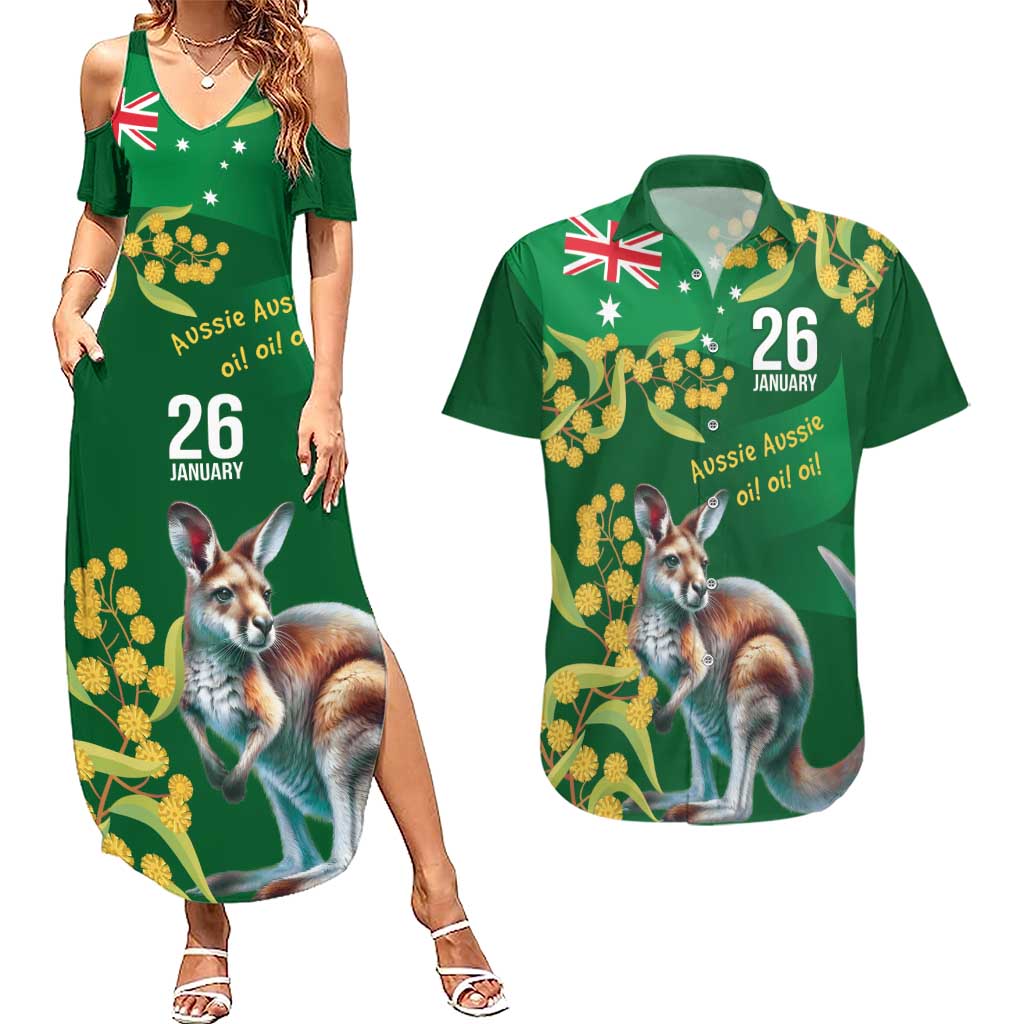 Green Kangaroo and Golden Wattle Personalised Couples Matching Summer Maxi Dress and Hawaiian Shirt Happy Australia Day 6 January