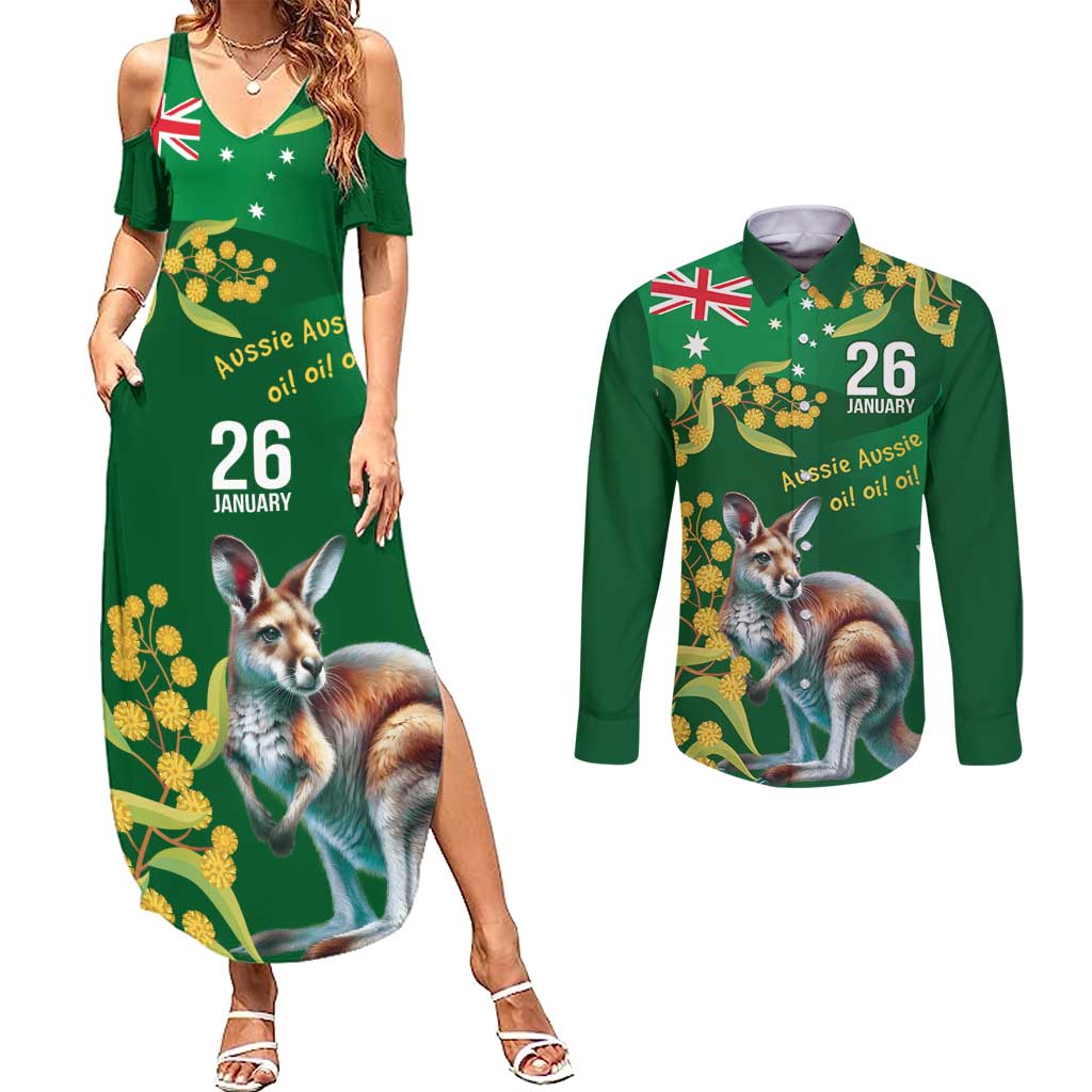 Green Kangaroo and Golden Wattle Personalised Couples Matching Summer Maxi Dress and Long Sleeve Button Shirt Happy Australia Day 6 January