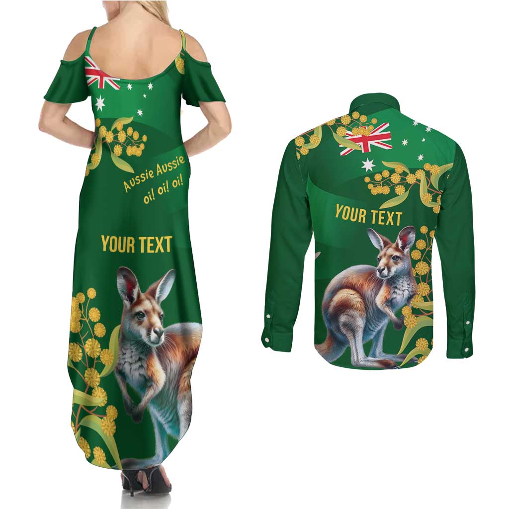 Green Kangaroo and Golden Wattle Personalised Couples Matching Summer Maxi Dress and Long Sleeve Button Shirt Happy Australia Day 6 January