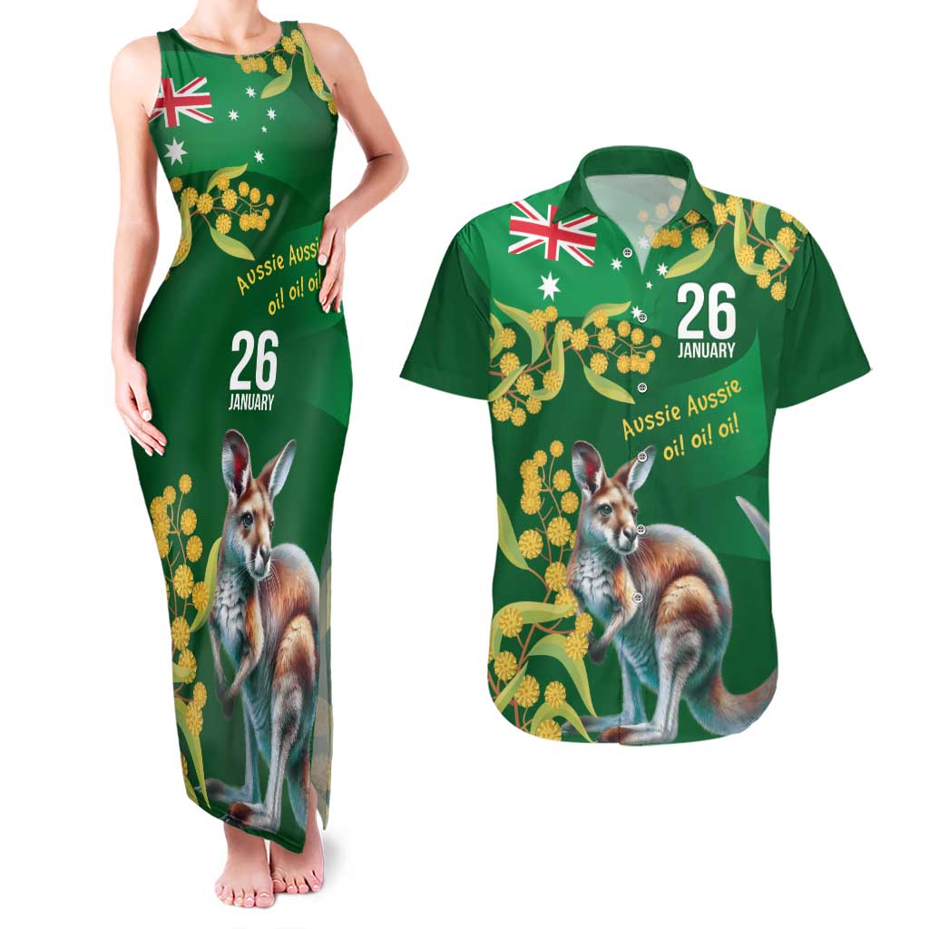 Green Kangaroo and Golden Wattle Personalised Couples Matching Tank Maxi Dress and Hawaiian Shirt Happy Australia Day 6 January