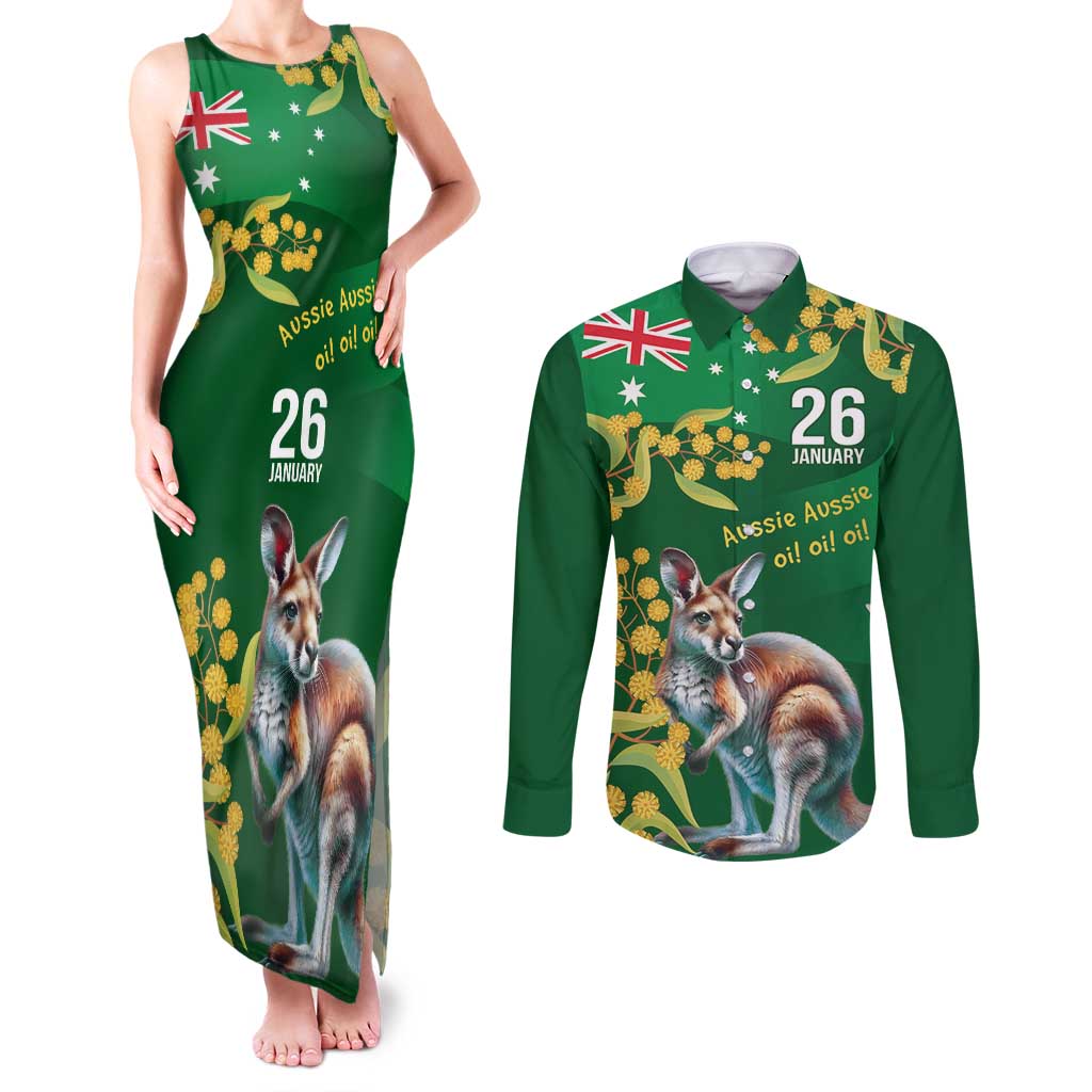 Green Kangaroo and Golden Wattle Personalised Couples Matching Tank Maxi Dress and Long Sleeve Button Shirt Happy Australia Day 6 January