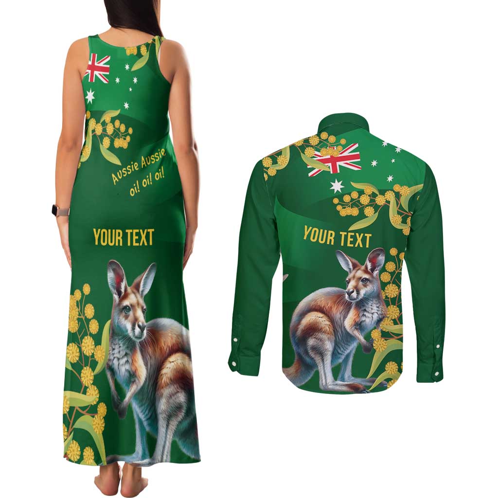 Green Kangaroo and Golden Wattle Personalised Couples Matching Tank Maxi Dress and Long Sleeve Button Shirt Happy Australia Day 6 January