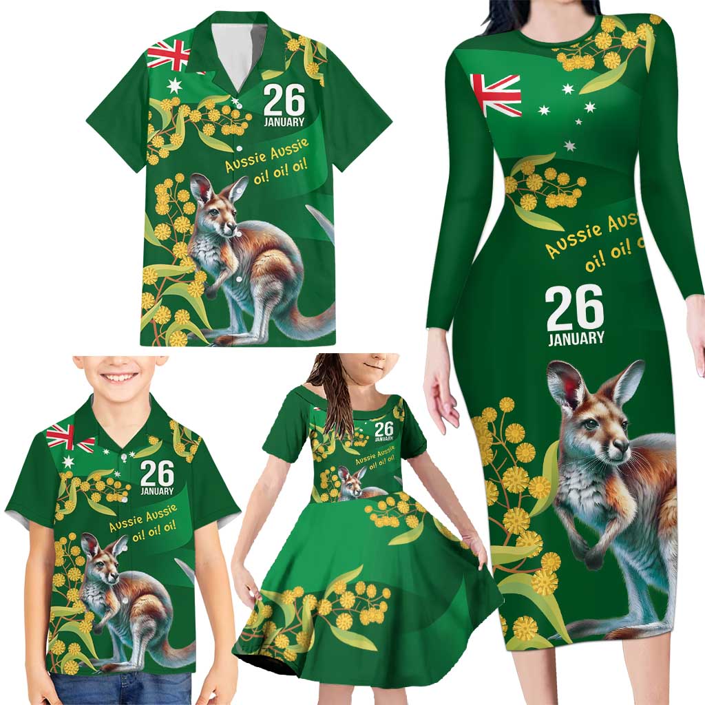 Green Kangaroo and Golden Wattle Personalised Family Matching Long Sleeve Bodycon Dress and Hawaiian Shirt Happy Australia Day 6 January