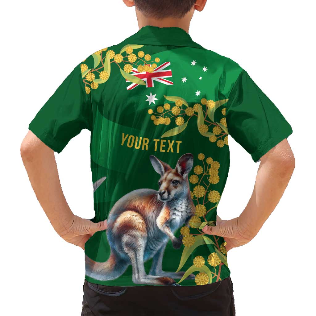 Green Kangaroo and Golden Wattle Personalised Family Matching Long Sleeve Bodycon Dress and Hawaiian Shirt Happy Australia Day 6 January