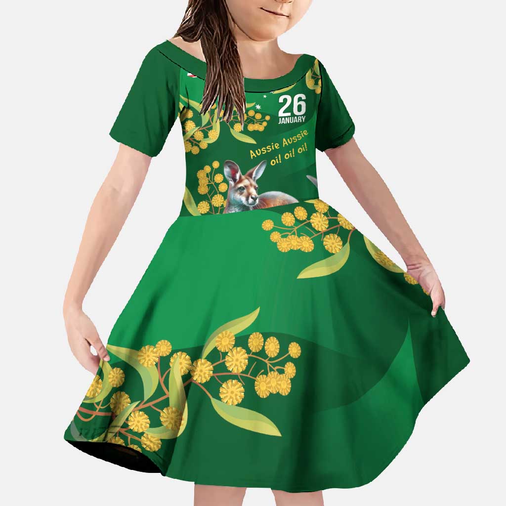 Green Kangaroo and Golden Wattle Personalised Family Matching Long Sleeve Bodycon Dress and Hawaiian Shirt Happy Australia Day 6 January