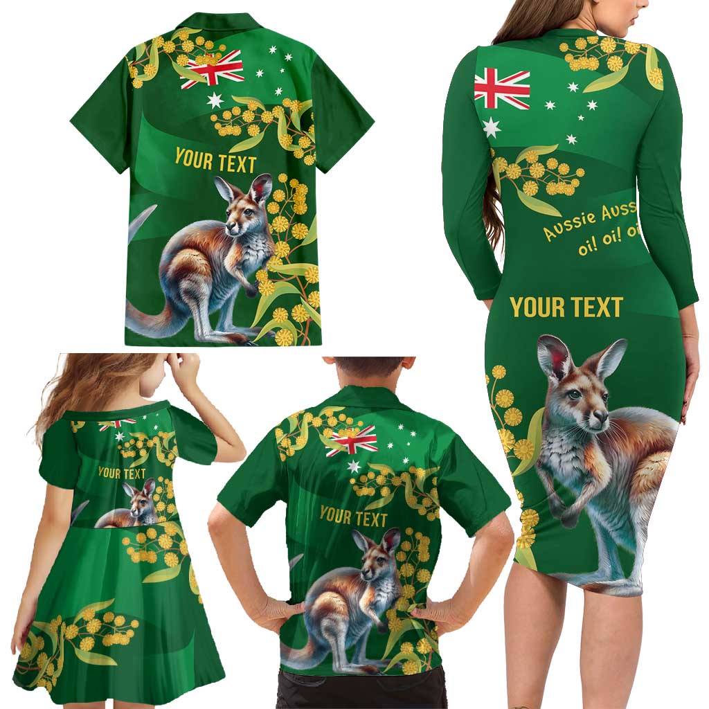 Green Kangaroo and Golden Wattle Personalised Family Matching Long Sleeve Bodycon Dress and Hawaiian Shirt Happy Australia Day 6 January