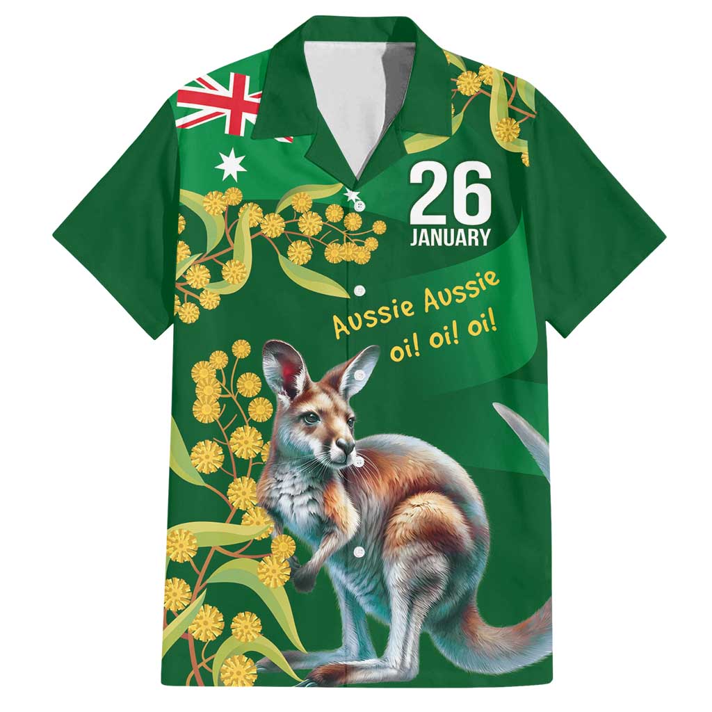 Green Kangaroo and Golden Wattle Personalised Family Matching Long Sleeve Bodycon Dress and Hawaiian Shirt Happy Australia Day 6 January