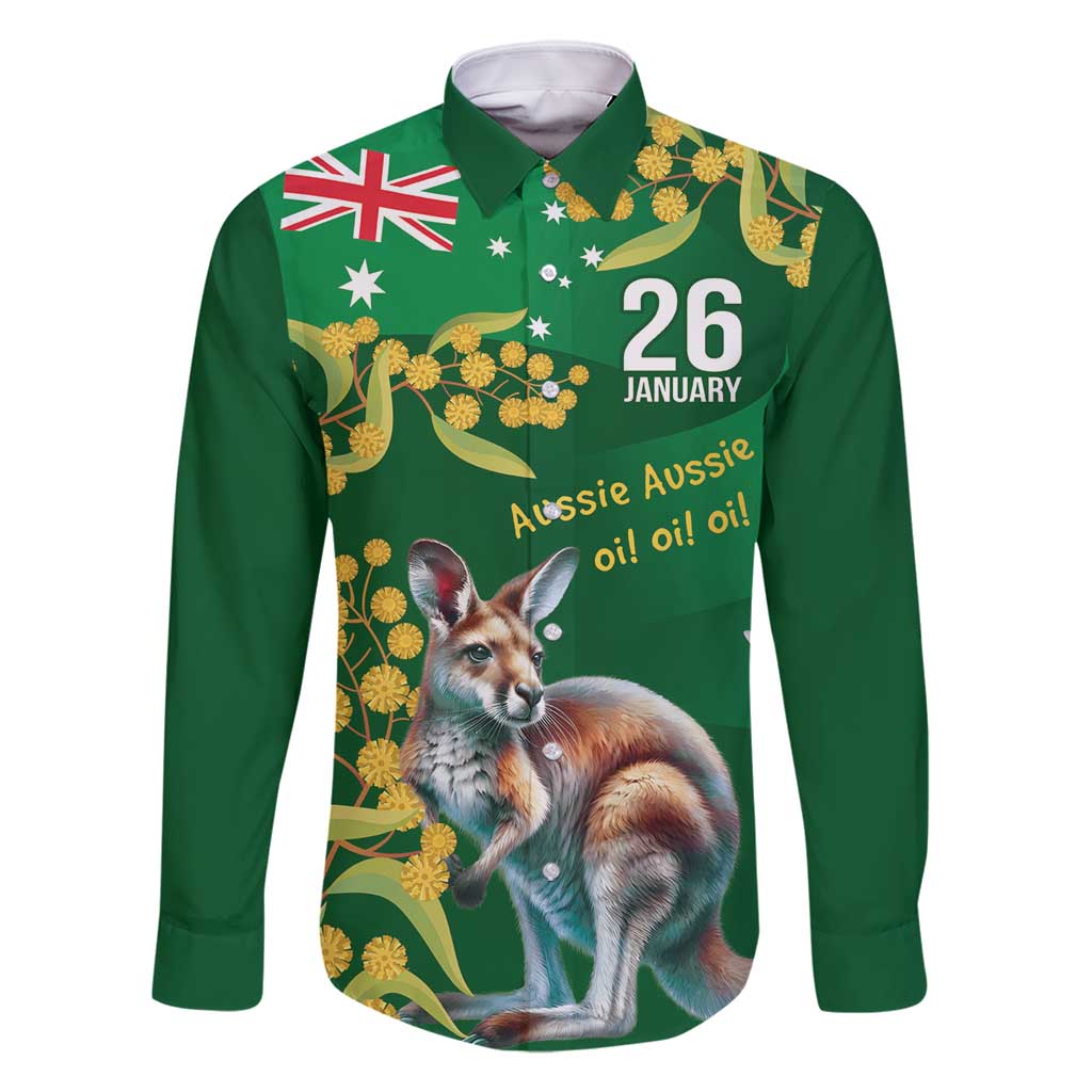 Green Kangaroo and Golden Wattle Personalised Family Matching Long Sleeve Bodycon Dress and Hawaiian Shirt Happy Australia Day 6 January