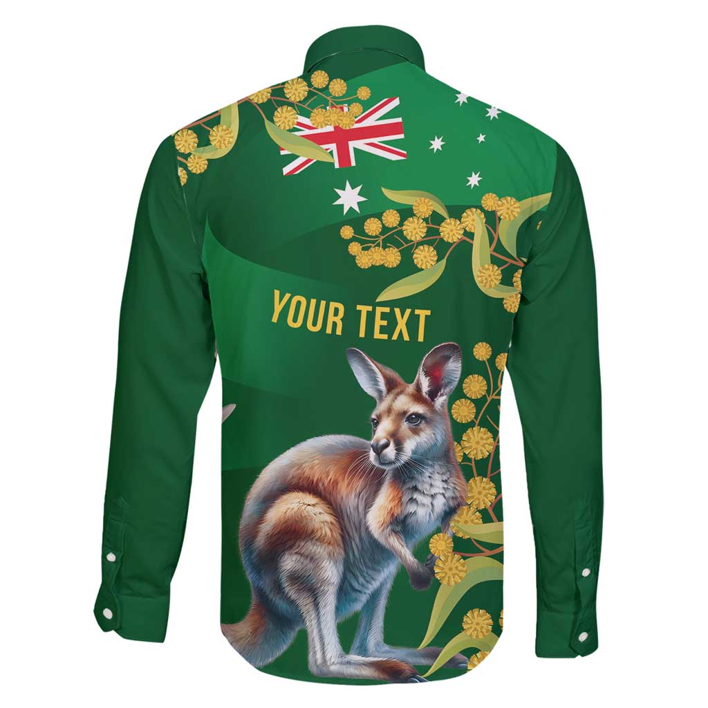 Green Kangaroo and Golden Wattle Personalised Family Matching Long Sleeve Bodycon Dress and Hawaiian Shirt Happy Australia Day 6 January