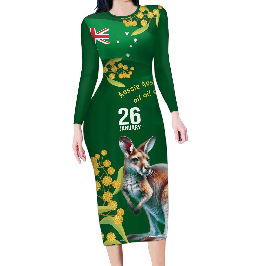 Green Kangaroo and Golden Wattle Personalised Family Matching Long Sleeve Bodycon Dress and Hawaiian Shirt Happy Australia Day 6 January