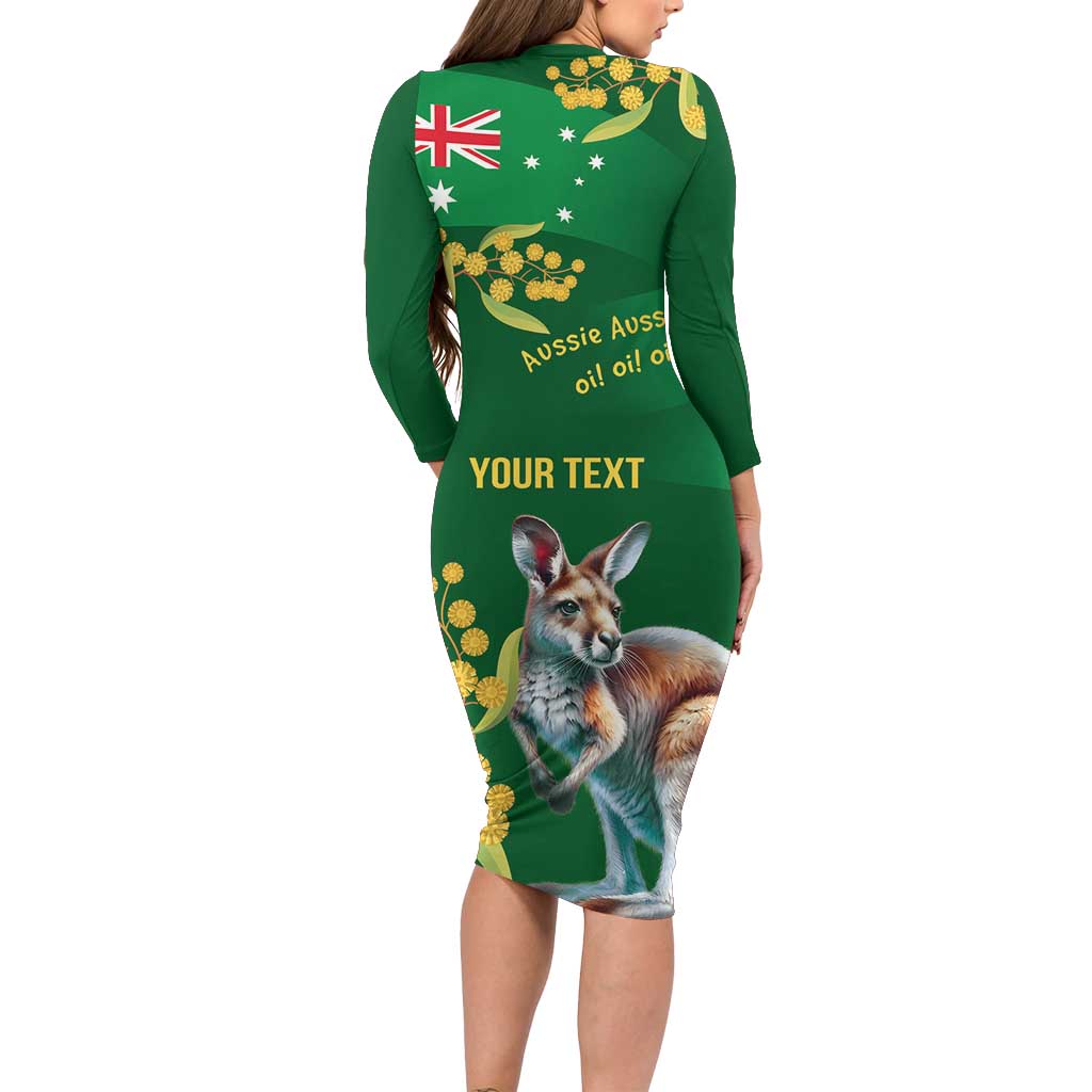 Green Kangaroo and Golden Wattle Personalised Family Matching Long Sleeve Bodycon Dress and Hawaiian Shirt Happy Australia Day 6 January